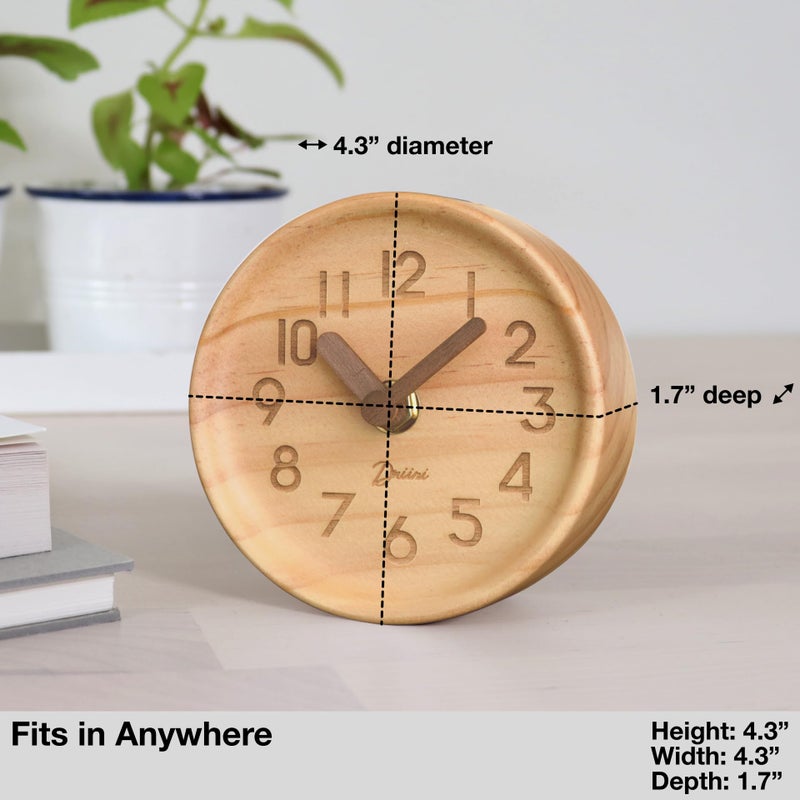 Driini ساعة درييني الخشبية التناظرية المكتبية - 4.3 بوصة. خشب الصنوبر الزخرفي، تصميم بدون صوت - ساعة mantel سهلة القراءة مع حركة هادئة - ساعات طاولة هادئة مع هيكل خشبي، عقارب، وغطاء بطارية؛ خفيفة - Image 3